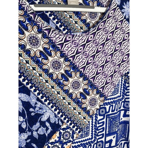 Chicos Blue Patchwork Print Blouse Medium Short Sleeve Boho Floral Top - Picture 8 of 12